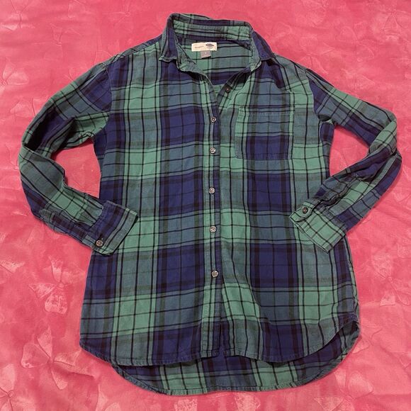 Y2k Old Navy Boyfriend Flannel Blue Green Plaid Size Small 07/14 - Picture 3 of 9